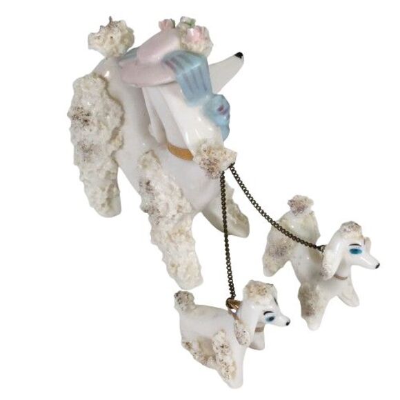 Vintage Spaghetti Poodle Dog Mother w/Two Babies Puppies on Chain Blue Pink Hat - Picture 6 of 16
